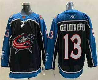 Mens Columbus Blue Jackets #13 Johnny Gaudreau Black 2022 Reverse Retro Stitched Jersey